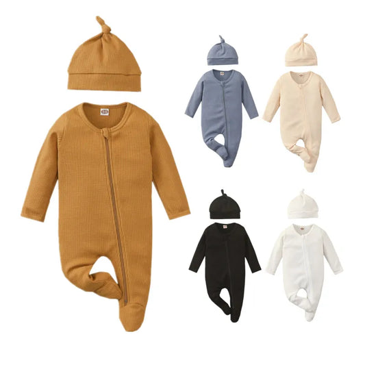 Newborn Baby Girl Boy Romper Autumn Clothes Solid Color Round Collar Long Sleeve Footie and Cap Baby Items Clothing Jumpsuit