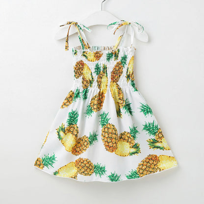 Baby Girl Flower & Fruit Graphic Shirred Design Sling Dress-9