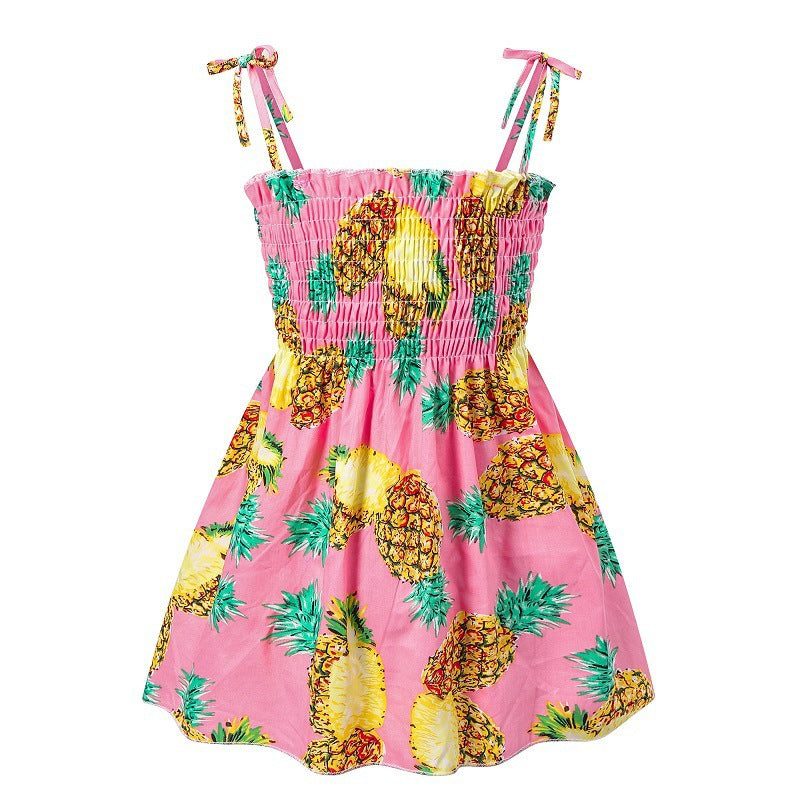 Baby Girl Flower & Fruit Graphic Shirred Design Sling Dress-10