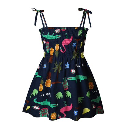 Baby Girl Flower & Fruit Graphic Shirred Design Sling Dress-13