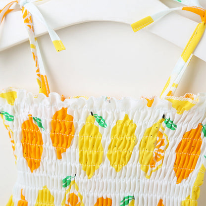 Baby Girl Flower & Fruit Graphic Shirred Design Sling Dress-17