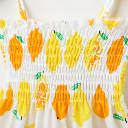 Baby Girl Flower & Fruit Graphic Shirred Design Sling Dress-18