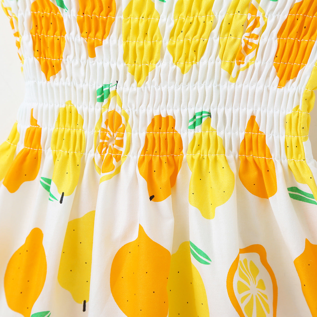 Baby Girl Flower & Fruit Graphic Shirred Design Sling Dress-19
