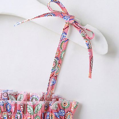 Baby Girl Flower & Fruit Graphic Shirred Design Sling Dress-22