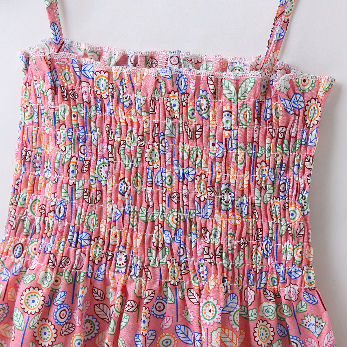 Baby Girl Flower & Fruit Graphic Shirred Design Sling Dress-24