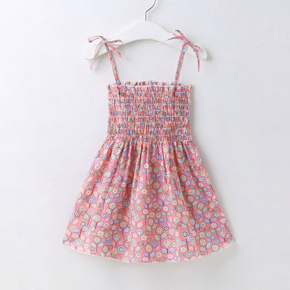 Baby Girl Flower & Fruit Graphic Shirred Design Sling Dress-1