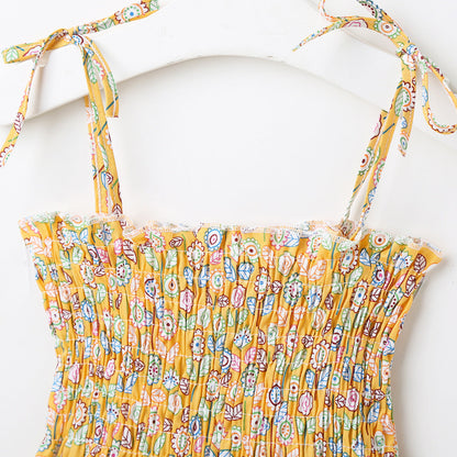 Baby Girl Flower & Fruit Graphic Shirred Design Sling Dress-29