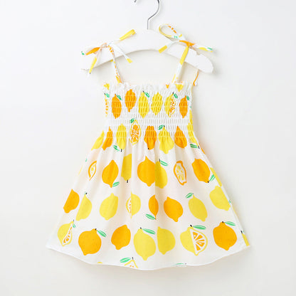 Baby Girl Flower & Fruit Graphic Shirred Design Sling Dress-34