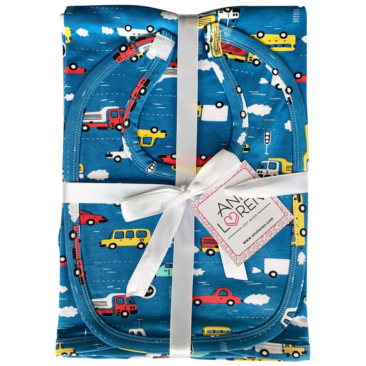 AnnLoren Baby Toddler Boy Cars Trucks Blanket & Bib Gift Set 2 pc Knit Cotton-1