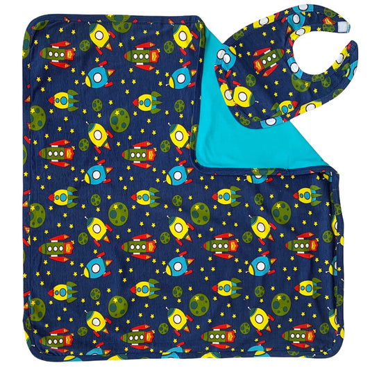 AnnLoren Baby Toddler Boy Space Ship Blanket & Bib Gift Set 2 pc Knit Cotton-0