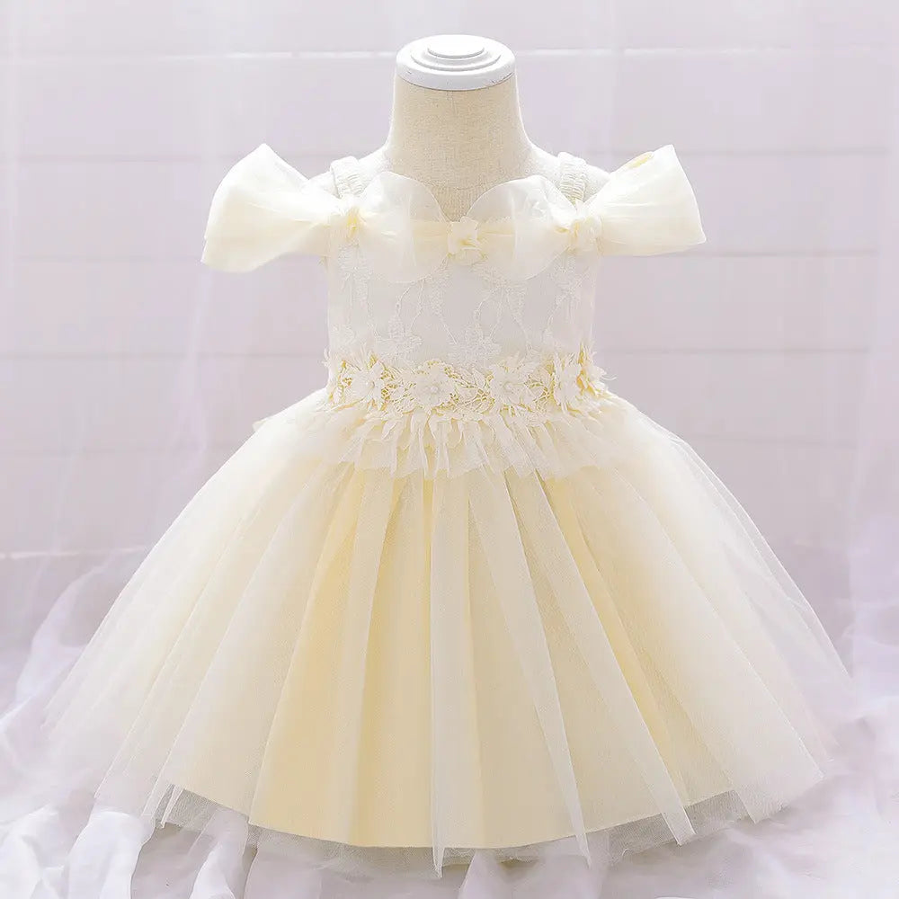 Newborn Baby Girl Birthday Baptism Dress One Shoulder Puff Sleeves Princess Dress-7