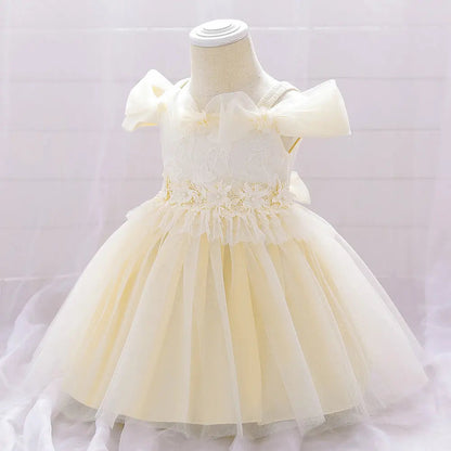 Newborn Baby Girl Birthday Baptism Dress One Shoulder Puff Sleeves Princess Dress-10