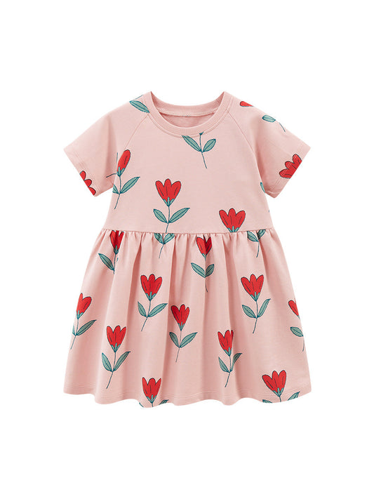 Spring And Summer Baby Girls Pink Short Sleeves Flowers Collection Dress-0