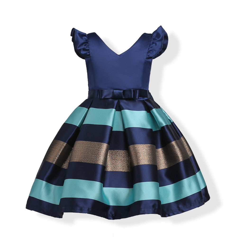 Baby Girl Striped Pattern V-Neck Western Style Formal Dress-2