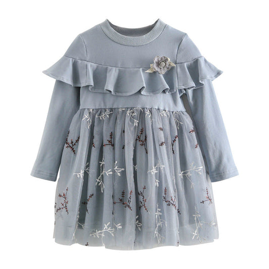 Baby Girl Floral Embroidered Pattern Ruffle Design Mesh Overlay Dress-0