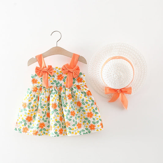 Baby Girl Flower Pattern Bow Patched Design Beautiful Dress-0