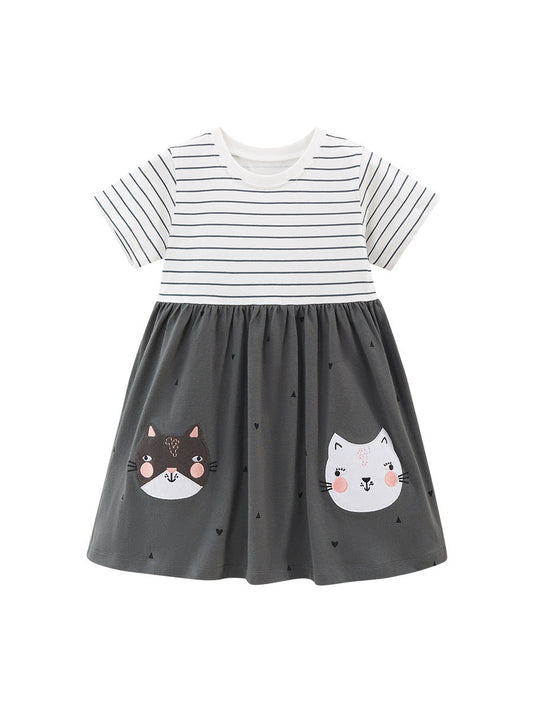 Spring And Summer Baby Girls Short Sleeves Cat Collection Striped Patchwork Dress-0