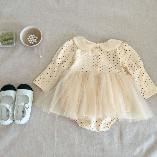 Baby Girl Polka Dot Pattern Mesh Overlay Design Long Sleeve Dress-0