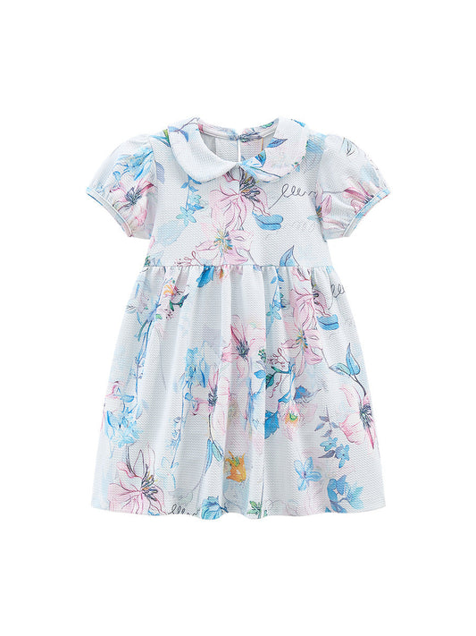 Spring And Summer Baby Girls Peter Pan Collar Short Sleeves Floral Dress-0