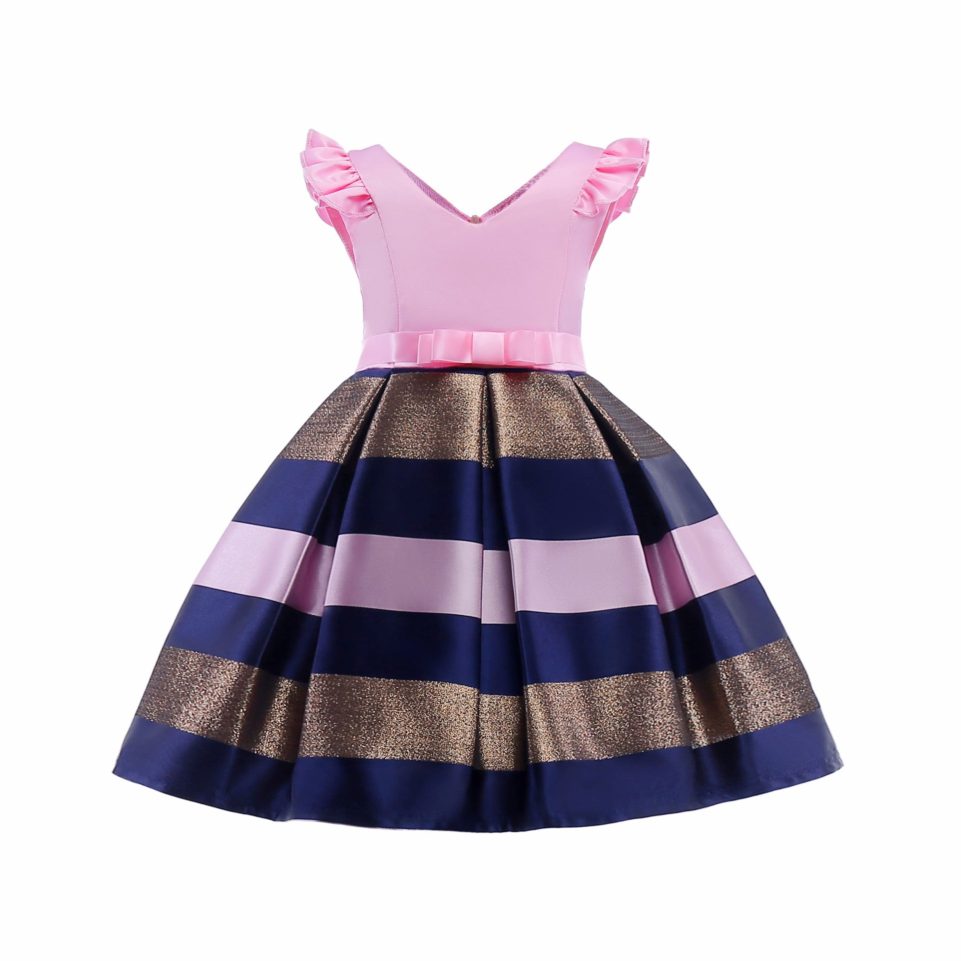 Baby Girl Striped Pattern V-Neck Western Style Formal Dress-4