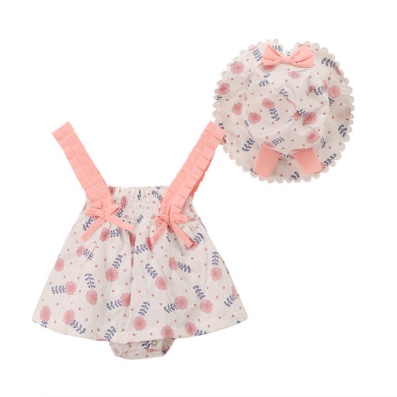 Baby Girl Floral Print Bow Decoration Design Sling Dress Onesies With Hat-3
