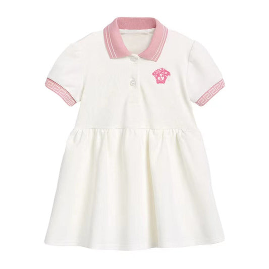 Kids Solid White Patchwork Pink Collar Short-Sleeved Dress-0