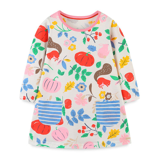 Baby Girl All Over Print Pattern O-Neck Pullover Princess Dress-0