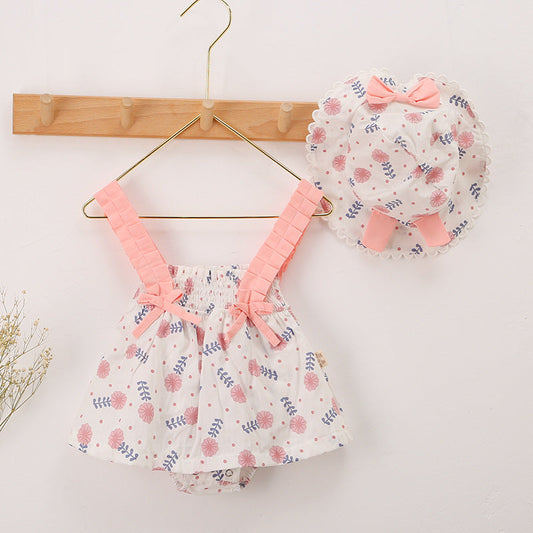 Baby Girl Floral Print Bow Decoration Design Sling Dress Onesies With Hat-0