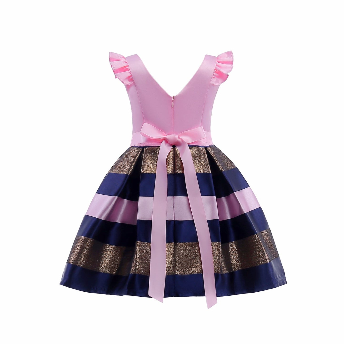 Baby Girl Striped Pattern V-Neck Western Style Formal Dress-5