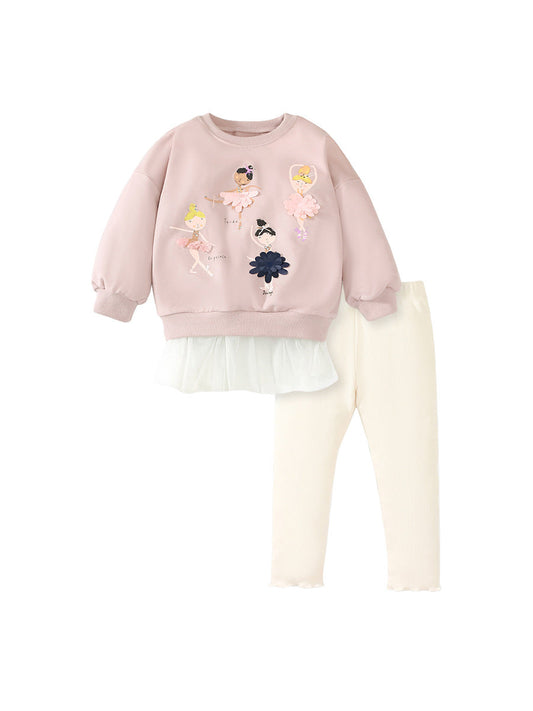 Baby Girls Kids Dancers Cartoon And Letters Printing Pattern Dress Design Pullover And Solid Color Pants Two-Piece Set-0