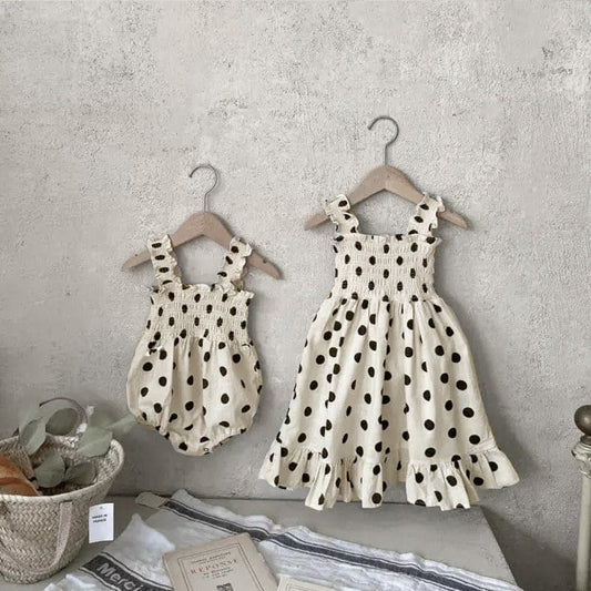 Baby Girl Dot Pattern Sling Onesie & Dress In Summer-0