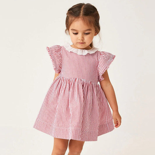 Spring And Summer Baby Girls Ruffle Collar Short Sleeves Striped Dress-0