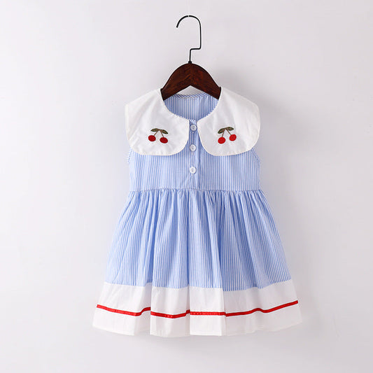 Baby Girl Cherry Embroidery Pattern Color Blocking Lapel Design Sleeveless Dress-0