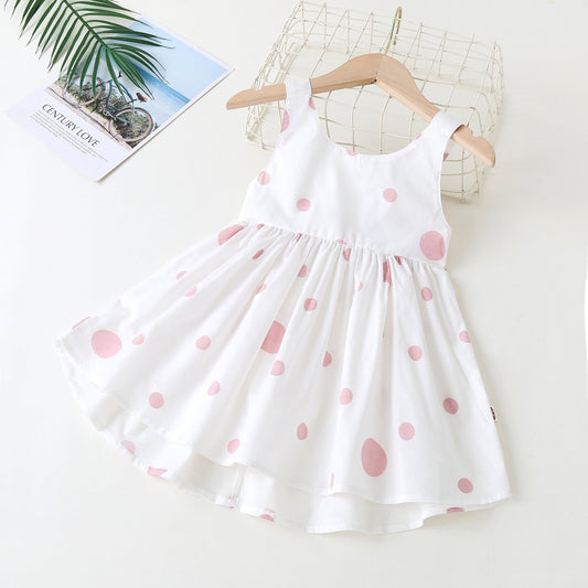 Baby Girls Polka Dot Pattern Sleeveless Round Collar Dress With Bow Decoration-0