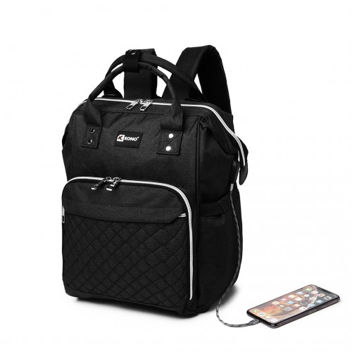 Plain Wide Opening Baby Nappy Changing Backpack With USB Connectivity - Black