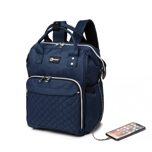 Kono Plain Wide Opening Baby Nappy Changing Backpack With USB Connectivity - Navy