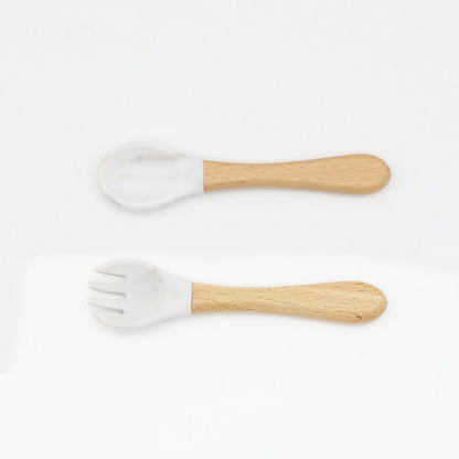 Baby Food Grade Wooden Handles Silicone Spoon Fork Cutlery-9