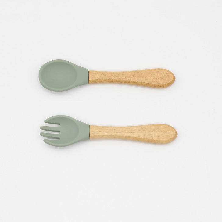 Baby Food Grade Wooden Handles Silicone Spoon Fork Cutlery-10