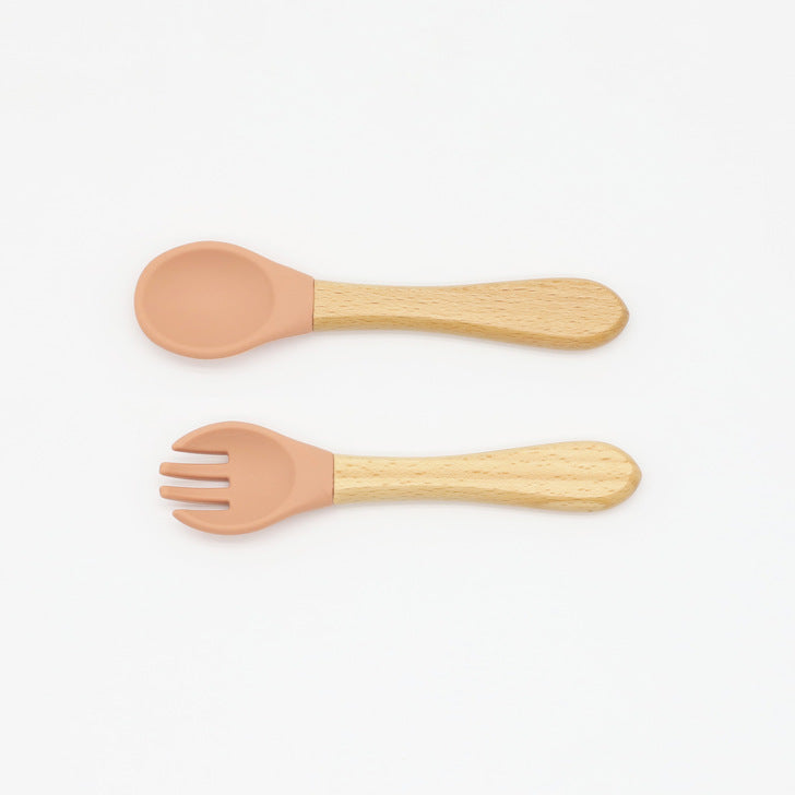 Baby Food Grade Wooden Handles Silicone Spoon Fork Cutlery-12