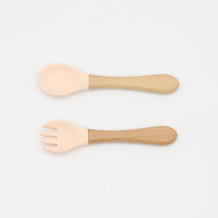 Baby Food Grade Wooden Handles Silicone Spoon Fork Cutlery-13