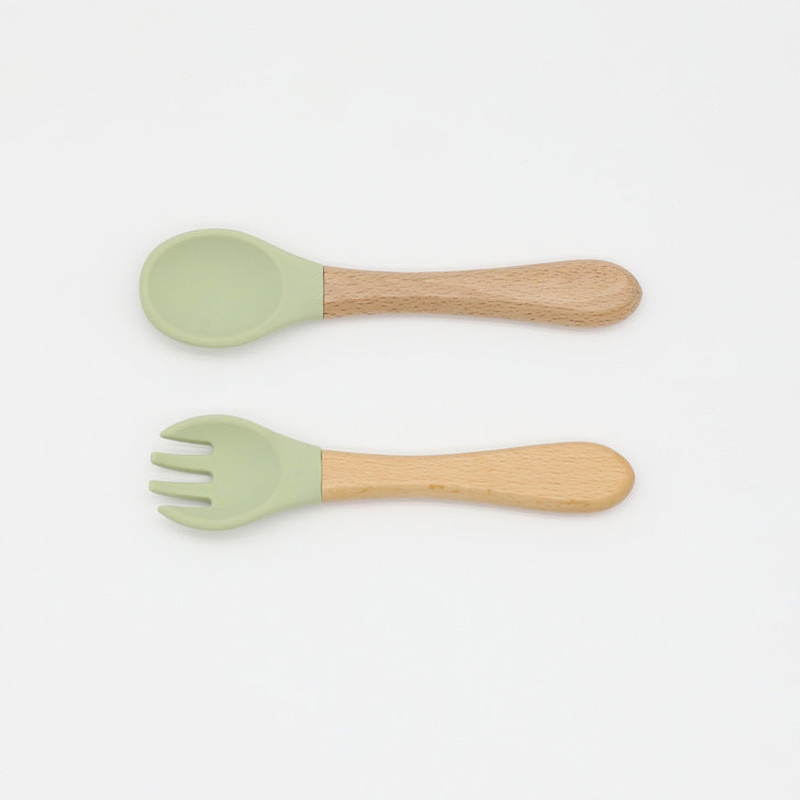 Baby Food Grade Wooden Handles Silicone Spoon Fork Cutlery-15