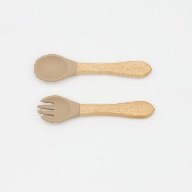 Baby Food Grade Wooden Handles Silicone Spoon Fork Cutlery-16
