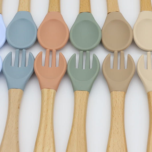 Baby Food Grade Wooden Handles Silicone Spoon Fork Cutlery-0