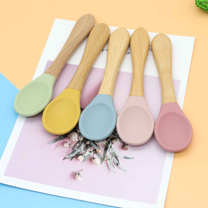 Baby Food Grade Wooden Handles Silicone Spoon Fork Cutlery-1