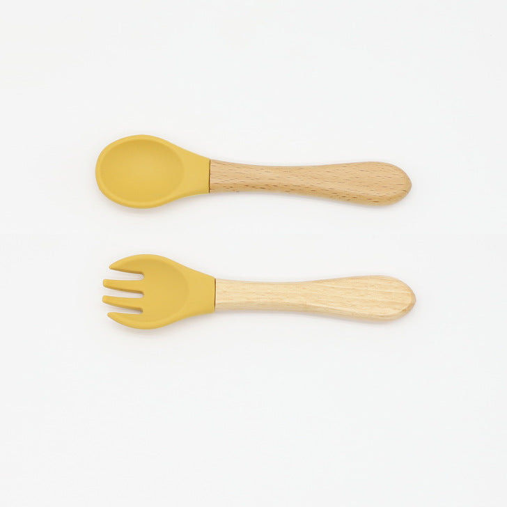 Baby Food Grade Wooden Handles Silicone Spoon Fork Cutlery-6