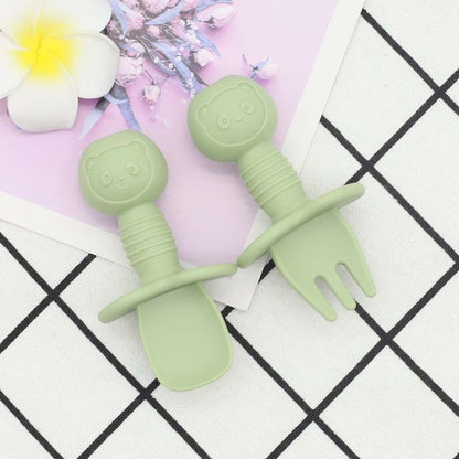 Baby Bear Pattern Complementary Food Training Lovely Silicone Spoon Fork Sets-7