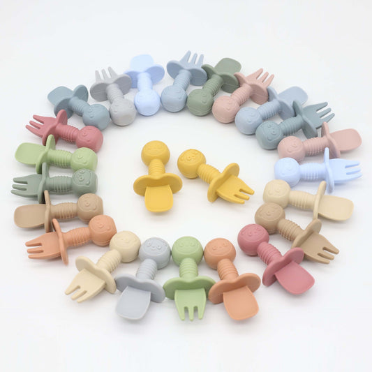 Baby Bear Pattern Complementary Food Training Lovely Silicone Spoon Fork Sets-0