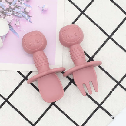 Baby Bear Pattern Complementary Food Training Lovely Silicone Spoon Fork Sets-10