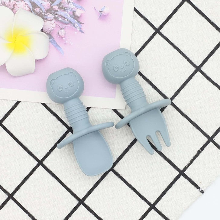 Baby Bear Pattern Complementary Food Training Lovely Silicone Spoon Fork Sets-12