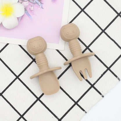 Baby Bear Pattern Complementary Food Training Lovely Silicone Spoon Fork Sets-2